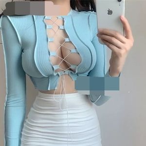 Sexy criss cross tie up long sleeve baby blue ribbed top